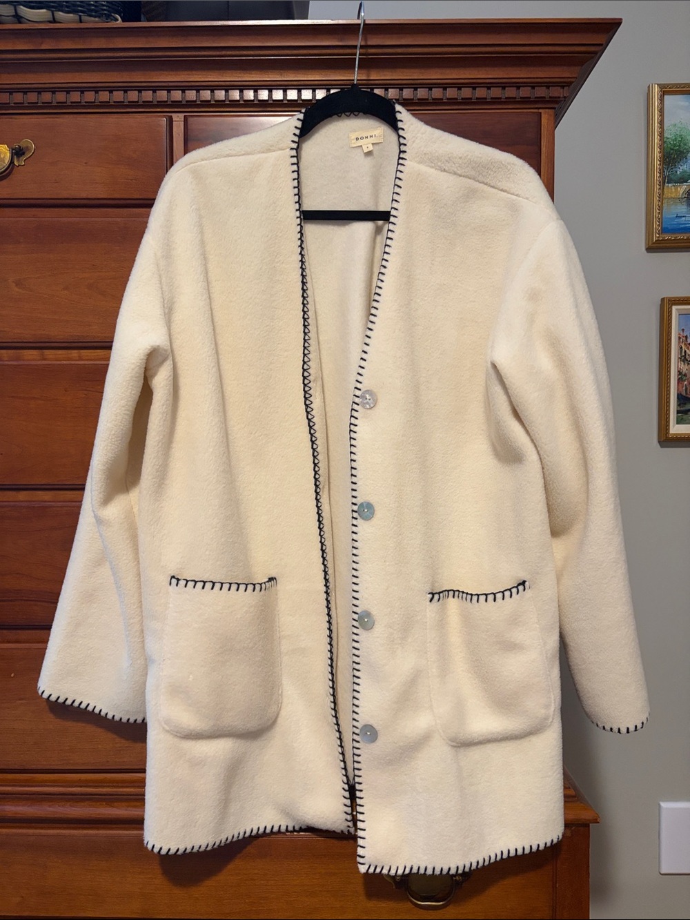 Donni. Cream Button-Front Women's Sweater with Contrast Stitching